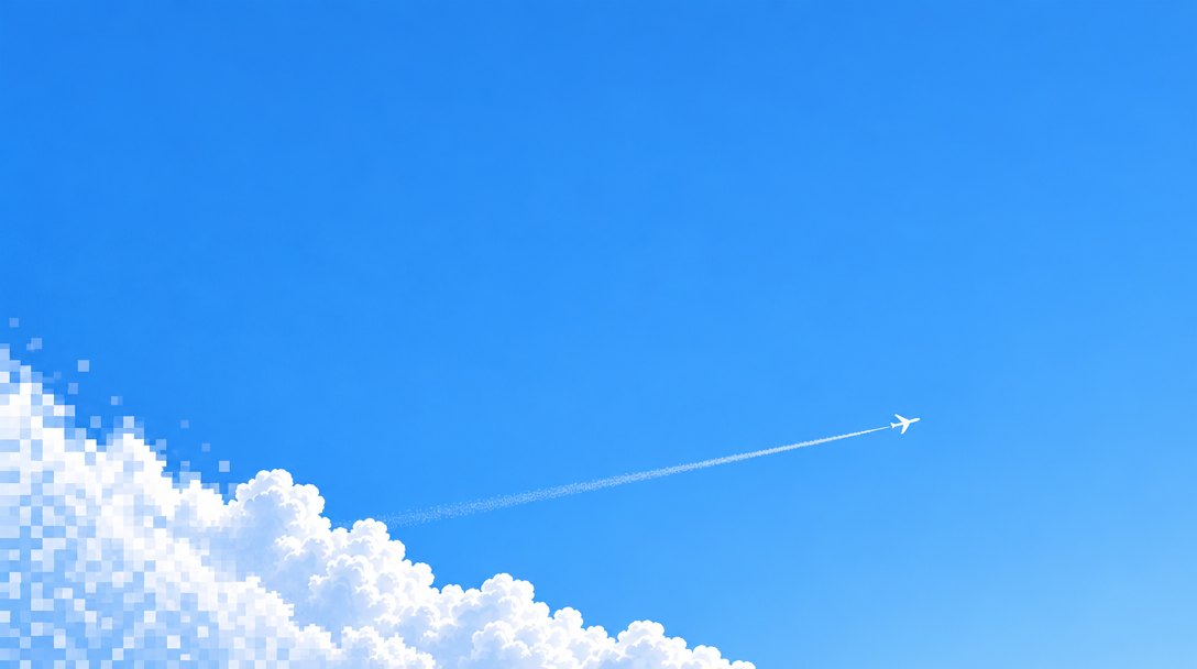 A blue sky with a pixelated cloud and a plane trailing a contrail
